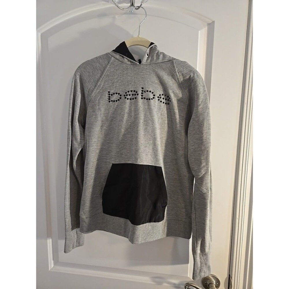 Bebe Sport Gray Hoodie Juniors Medium Black windbreaker hood & pouch Logo